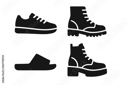 Urban Footwear Icons Solid Filled Vector Set of Fashion Sneakers, Boots, Slides, High-Tops and Platform Shoes for Stylish Streetwear and Casual Outfit Design