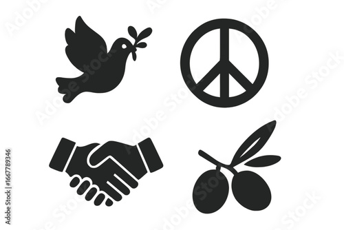 Peace icons collection. Solid filled glyph icon set. Dove with olive branch, peace sign, handshake, and olive symbols. Concept of harmony, agreement, and diplomacy.