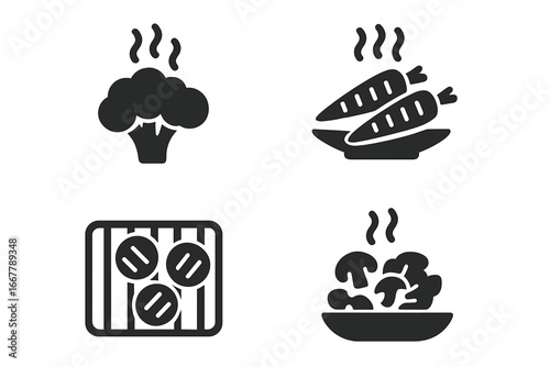 Vegetable Icon Grid with Solid Filled Style Featuring Steamed Broccoli, Roasted Carrots, Grilled Zucchini, Sautéed Mushrooms, Healthy Cooked Vegetables Vector Illustration