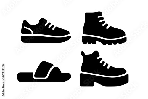 Urban Footwear Icons Solid Filled Vector Set of Trendy Sneakers, Boots, Slides, High Tops, Platform Shoes in Modern Street Style Illustration on Transparent Background