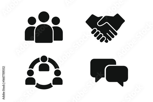 Social inclusion and diversity icons. Solid glyphs for community, teamwork, and support. Vector icon set of people group, handshake, collaboration circle, and communication.