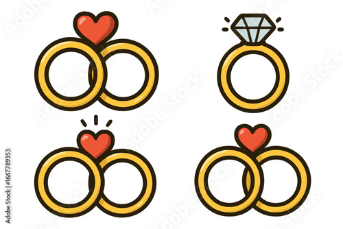 Romantic ring symbols illustrating love and commitment with artistic cartoon designs, including wedding bands, heart accents, and diamond engagement ring set in a simple layout, vector illustration