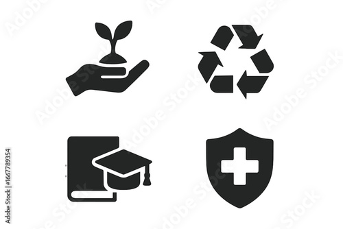 Social impact icon set. Corporate social responsibility. Environment. Sustainability. Healthcare. Education. Charity. Donation. Ethics. Vector solid glyphs. CSR project symbols.