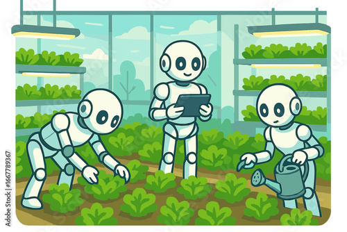 Robots tending to fresh lettuce in a modern indoor garden greenhouse with advanced technology during daytime, smart farming automation, cartoon vector illustration