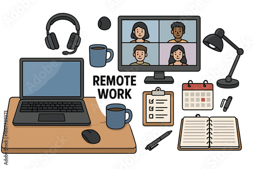Remote work digital workspace elements. Home office, online meeting video conference. Desk, laptop, calendar, planner tools. Freelance telecommuting productivity concept set.