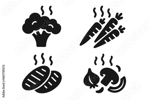 Vegetable icon grid solid filled set of cooked vegetables steamed broccoli roasted carrots grilled zucchini sautéed mushrooms onion healthy food vector illustration