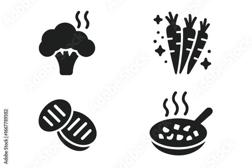Vegetable Icon Grid with Solid Filled Icons of Steamed Broccoli, Roasted Carrots, Grilled Zucchini, and Sautéed Vegetables Vector Illustration for Healthy Food Design