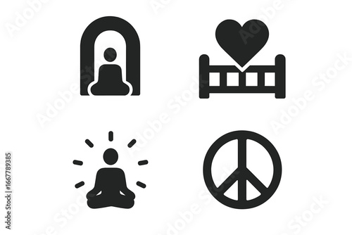 Peace and harmony icons. Meditation, yoga and spiritual aura symbols. Calm doorway and heart over gate. Acceptance and sacred circle concepts. Vector glyph icon set design.