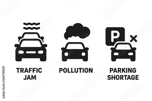 Urban Mobility Challenges Icons. Solid Filled Vector Set Illustrating Traffic Jam, Air Pollution, Parking Shortage, Urban Transport Issues, City Congestion, Environmental Impact