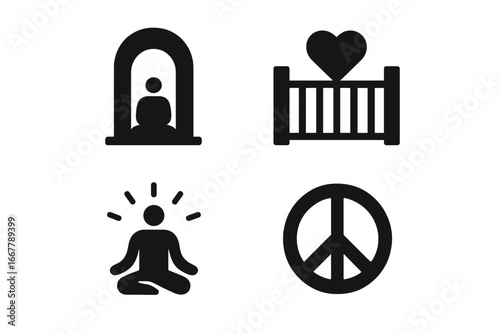 Peace and spirituality solid glyph icon set. Vector symbols for meditation, calm, harmony, love. Includes peace sign, yoga pose, safe home gate with heart, spiritual sanctuary.