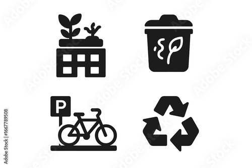 Urban Sustainability Icons Set with Rooftop Garden, Compost Bin, Bike Share Station, and Recycling Symbols, Eco-Friendly City Environment, Green Living, Waste Management, and Transportation