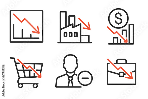 Economic decline icon set. Business crisis, finance recession, market fall concepts. Vector icons of decrease chart, factory, money loss, low sales, unemployment, and job loss.