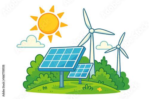 Solar panels and wind turbines symbolizing renewable energy solutions in a vibrant green eco-friendly landscape, clean energy, sustainable power, vector cartoon illustration