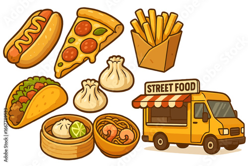 Street food assortment showcasing diverse global cuisines from a vibrant food truck festival, vector cartoon illustration with various popular dishes and a transparent background, ordered set 1