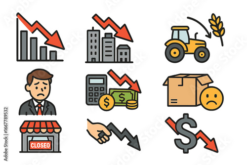 Economic decline icon set. Financial crisis and recession concept. Business failure, market crash, bankruptcy, and inflation symbols. Vector illustration pack for finance.