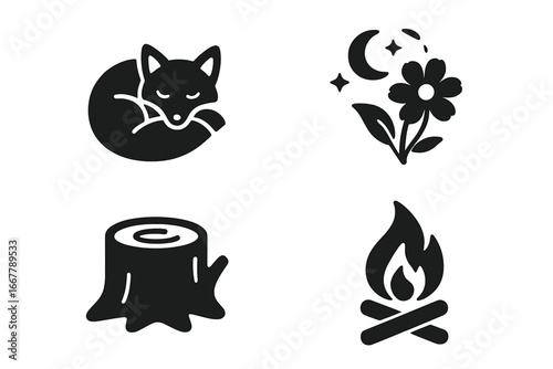 Peaceful night nature vector icon set. Solid glyph icons: sleeping fox, campfire, tree stump, night flower. Forest, woodland, camping, and wildlife symbols for design.