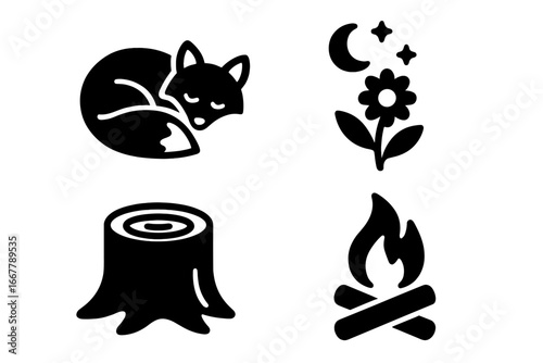 Peaceful night solid icon set. Vector glyph collection of sleeping fox, night flower, moon, stars, tree stump, campfire. Nature, forest, camping, and outdoor wildlife symbols.