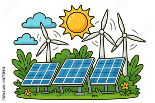 Solar panels and wind turbines representing sustainable renewable energy solutions in a vibrant green eco-friendly environment, clean power generation concept, vector cartoon illustration