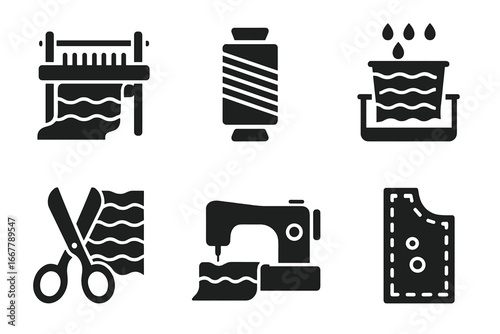 Velvet Fabric Icon Set, Solid Filled Vector Illustrations of Velvet Textile Production Process with Loom, Yarn Spool, Dyeing, Cutting Scissors, Sewing Machine, Fabric Pattern