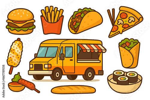 Colorful street food assortment showcasing diverse cuisines from a vibrant food truck festival with burgers, fries, tacos, pizza, sushi, skewers, and wraps in cartoon vector style