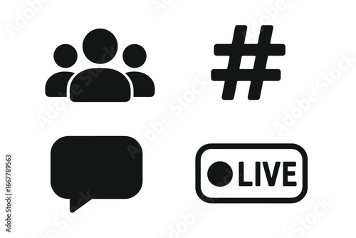 Social media icon set with user group, followers, hashtag, comment bubble, and live stream button. Solid glyph vector pictograms for web, ui, app and digital marketing.