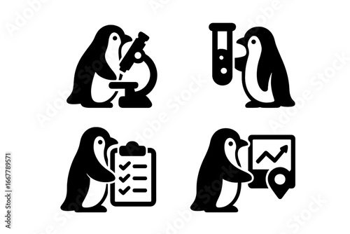 Penguin research vector icon set. Icons for science, lab experiment, data analysis, clipboard checklist, microscope, test tube, GPS tracking. Solid glyph style illustration.