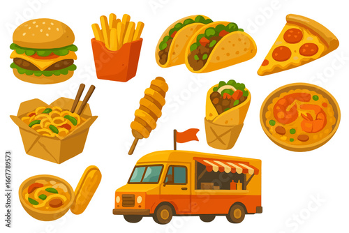 Street food assortment showcasing diverse cuisines from a vibrant food truck festival, colorful vector cartoon illustration with popular dishes and snacks, transparent background