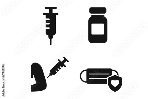Solid Black Vaccination Icons Set, Vector Illustrations of Syringe, Vaccine Vial, Injection Arm, Medical Mask with Health Shield Symbol for Healthcare and Immunization Concepts