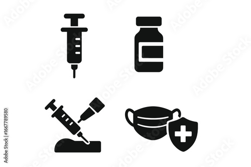 Vaccination Icons Set - Solid Filled Vector Illustrations of Syringe, Vaccine Vial, Injection, Medical Mask with Health Shield - Immunization, Health Protection, Medical Concepts