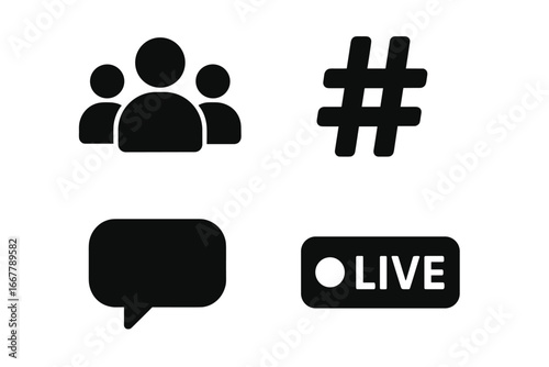 Social media solid glyph icon set. Vector collection of modern user interface elements like followers, community group, hashtag, comment bubble, and live stream video symbol.