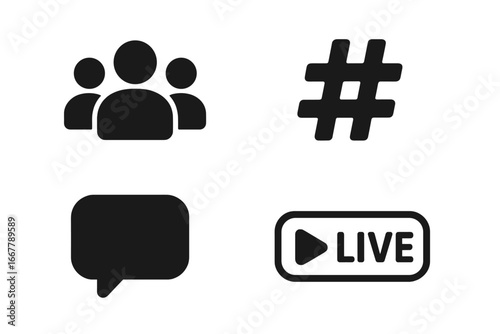 Social media solid glyph icon set. Vector symbols for followers, community, group, hashtag, comment, message, and live stream button. UI UX web and app design elements.