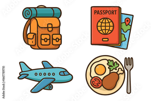 Travel and tourism icon set for vacation and adventure. Vector illustration concept with airplane for flight, passport for documentation, food for culinary, and backpack.