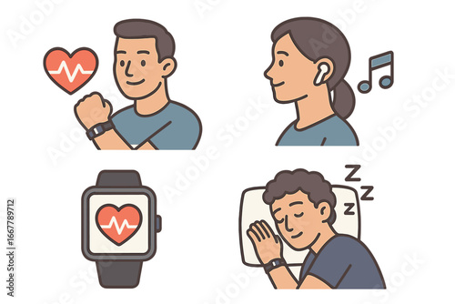 Wearable technology icon set. Man with smartwatch for heart rate monitoring, sleep tracking. Woman listening to music with wireless earbuds. Health and wellness vector icons.