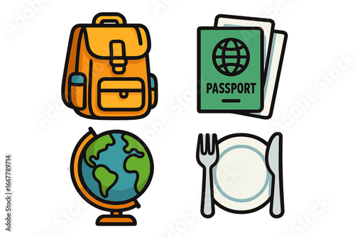 Travel essentials icon set with backpack, passport, globe, and dining symbols. Vector cartoon illustration for vacation, adventure, journey, and international tourism concepts.