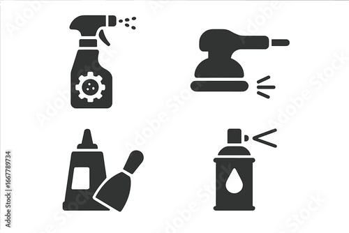 Vehicle and Jewelry Restoration Tools Icons Set, Solid Filled Vector Symbols of Rust Remover Spray, Electric Sander, Body Filler and Primer Spray for Auto Repair and Craftwork