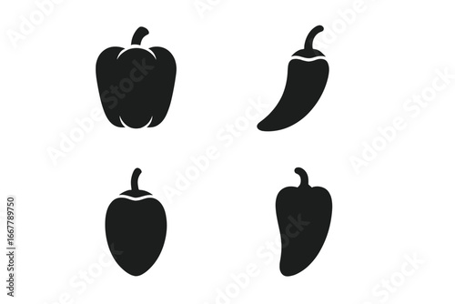 Pepper icon set vector glyphs. Solid silhouette illustration of various pepper types. Bell pepper, chili, jalapeño, habanero, cayenne. Hot and sweet vegetable food symbols.