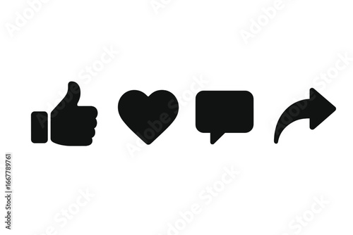Social media icon set with like, love, comment, share symbols. Vector glyph collection for user interface design. Follower engagement, interaction, and reaction buttons.