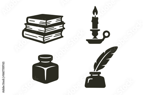 Vintage bookshelf icons set with solid filled vectors of stacked old books, candle holder with flame, ink bottle, and quill pen for classic writing and reading illustration