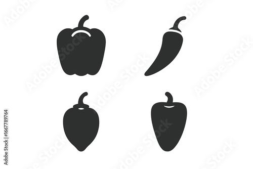 Pepper vector icon set. Solid glyph style. Bell pepper, chili, jalapeño, habanero varieties. Simple black food silhouette for cooking, spice level, grocery, ingredient concept.