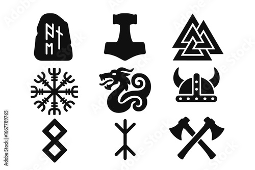 Viking Symbols Grid, Solid Filled Icon Set of Norse Runes, Rune Stone, Thor’s Hammer, Valknut, Norse Compass, Dragon Vector Illustration on Transparent Background