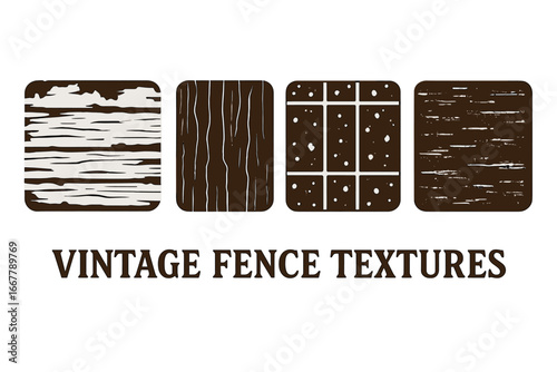Vintage Fence Textures Solid Filled Icons Set of Old Rustic Fence Textures Peeling Paint, Cracked Wood Grain, Rusty Metal, Weathered Wood Vector Illustration Transparent