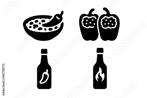 Pepper dishes solid icon set. Vector glyphs of chili con carne, stuffed bell peppers, and hot sauce bottles. Spicy food concept for menu, cooking, and restaurant graphics.