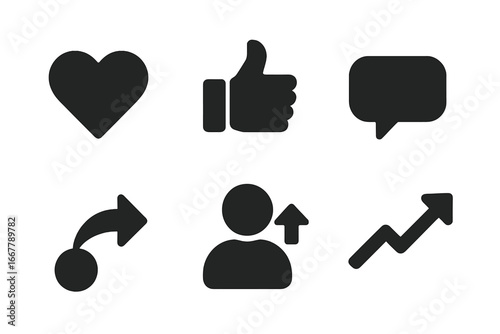 Social media engagement vector icon set. Solid glyph symbols for like, love, comment, share, follow and trending. UI UX elements for web design, app and marketing materials.