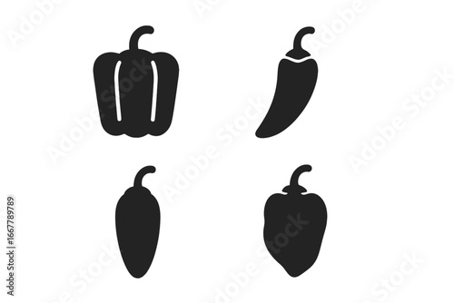 Pepper icon set. Solid glyph vector collection of various pepper types. Bell pepper, chili, jalapeño, and habanero silhouettes. Concept for spicy food, vegetable, ingredient.