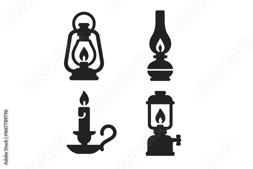 Vintage Light Fixtures Icons Set, Solid Filled Vector Illustrations of Antique Oil Lantern, Kerosene Lamp, Candle Holder, and Classic Gas Lamp Symbols on Transparent Background