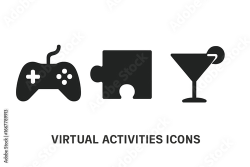 Solid Filled Vector Icons of Virtual Social Activities with Game Controller, Puzzle Piece, and Cocktail Glass Illustration for Online Interaction and Entertainment