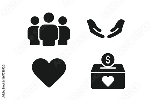 Social responsibility solid glyph icon set. Charity, community, and donation concept. Vector icons of helping hands, group, love heart, and fundraising box for social project.