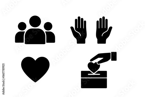 Social responsibility solid icon set. Charity, donation, community, and help symbols. Volunteer hands, heart, people group, and donation box glyph icons for web and print.