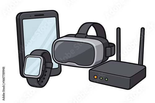 Variety of modern technology devices including smartphone, smartwatch, virtual reality headset, and wireless router, digital devices, communication and entertainment vector cartoon illustration