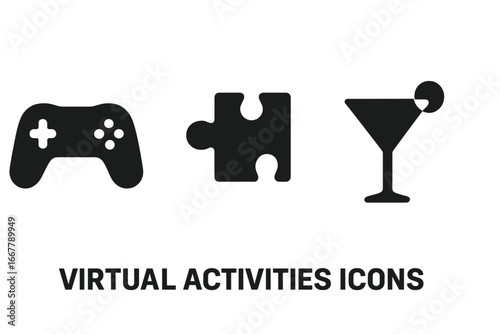 Solid Filled Vector Icons of Virtual Social Activities Including Game Controller, Puzzle Piece, and Cocktail Glass for Online Entertainment and Interaction